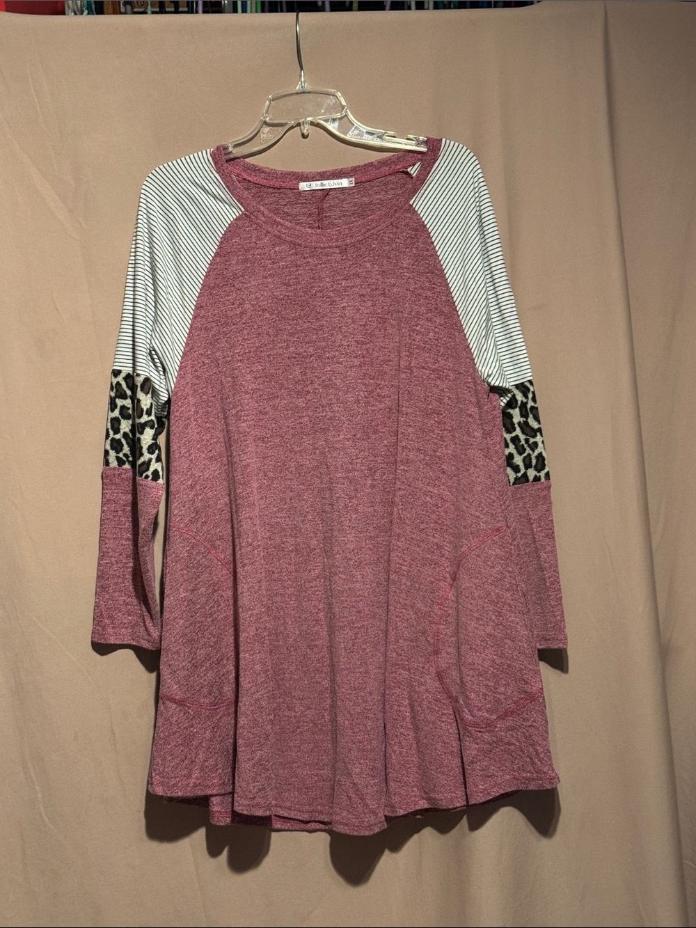 Mauve Raglan Tunic with Striped and Leopard Sleeve Panels
